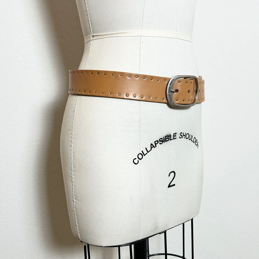Vintage Calvin Klein Jeans Genuine Leather Tan Studded Wide Buckle Unisex Size M